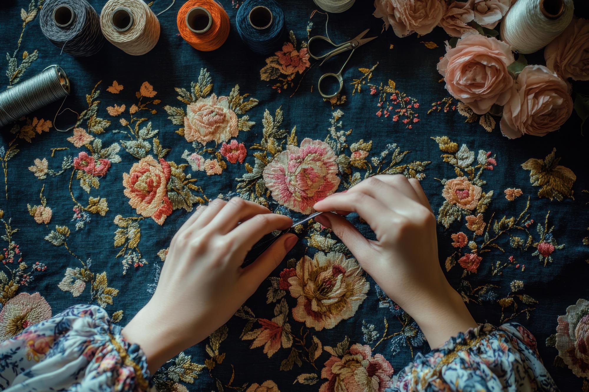 artisan hands stitching floral embroidery on linen