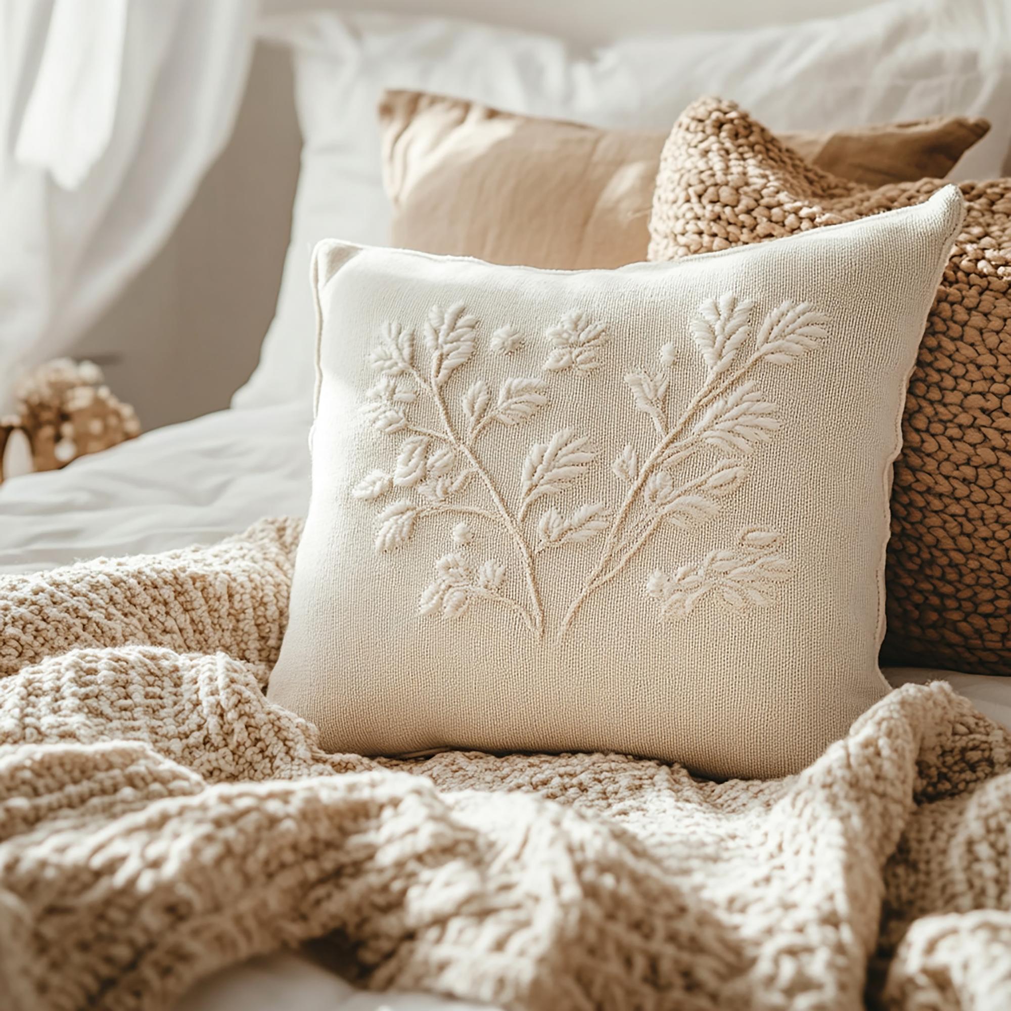 embroidered cushion in neutral tones